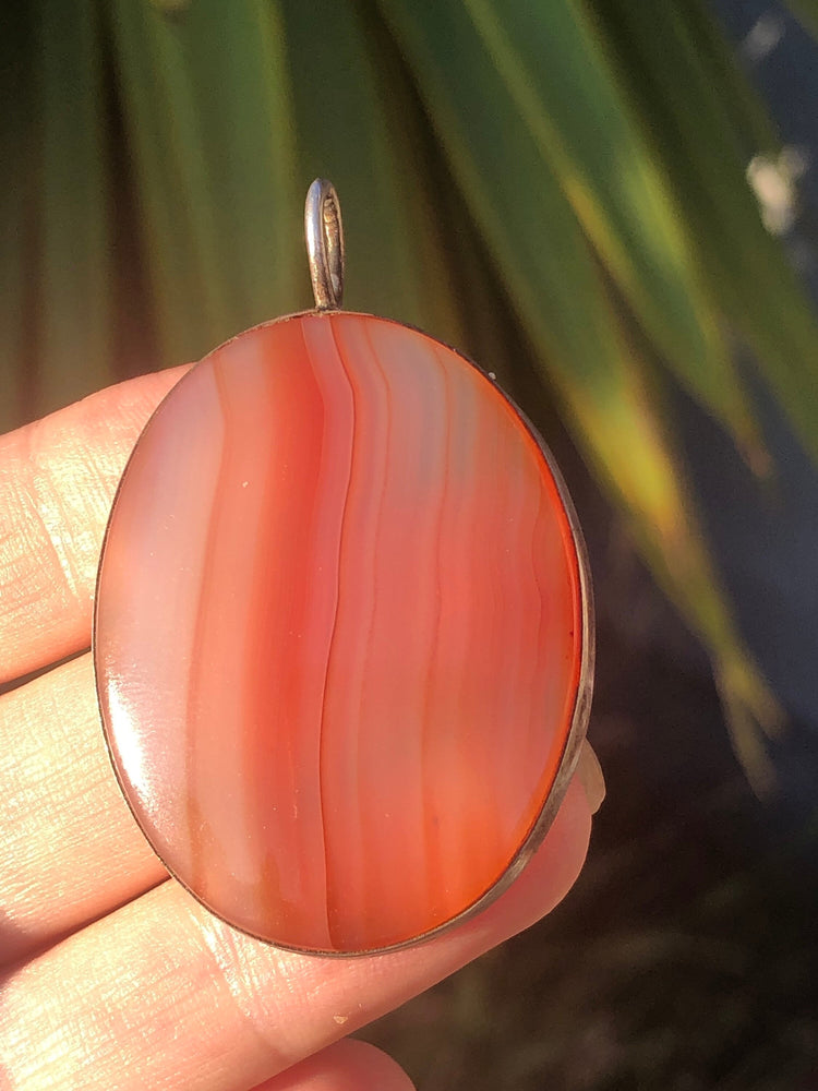 Vintage huge banded agate pendant 4 Necklace oval Sterling Silver stunning healing gemstone