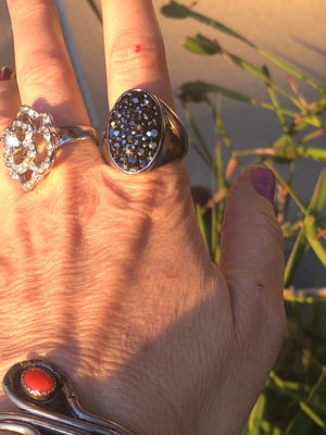 Beautiful statement ring stainless steel and pyrite crystals size  10.75