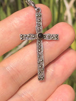 Vintage gemstone marcasite black onyx crucifix cross religious Pendant for a necklace Sterling silver 925