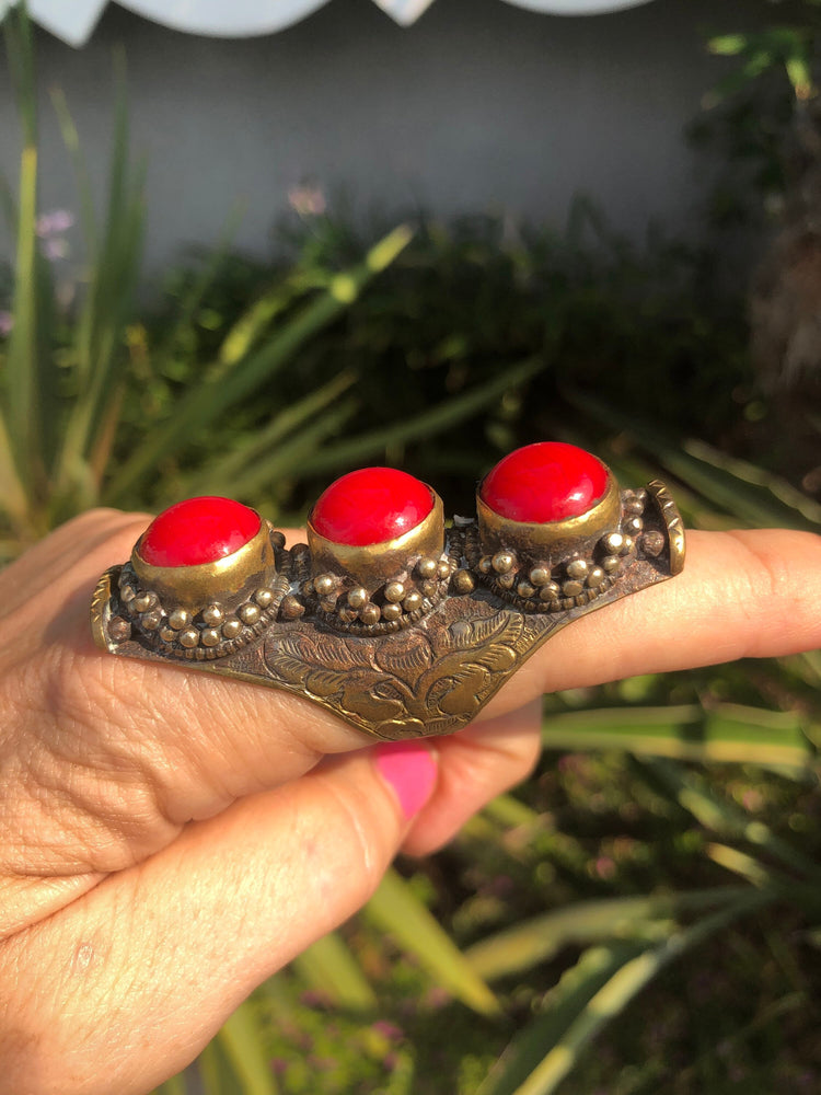 Beautiful unusual vintage tribal saddle full finger ring Red gemstones or glass? Brass intricate carving Adjustable  sizes 9- 11 unique