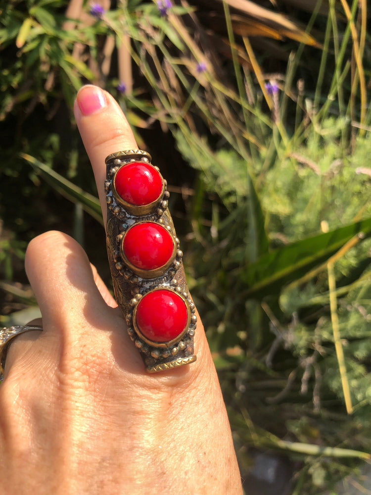 Beautiful unusual vintage tribal saddle full finger ring Red gemstones or glass? Brass intricate carving Adjustable  sizes 9- 11 unique