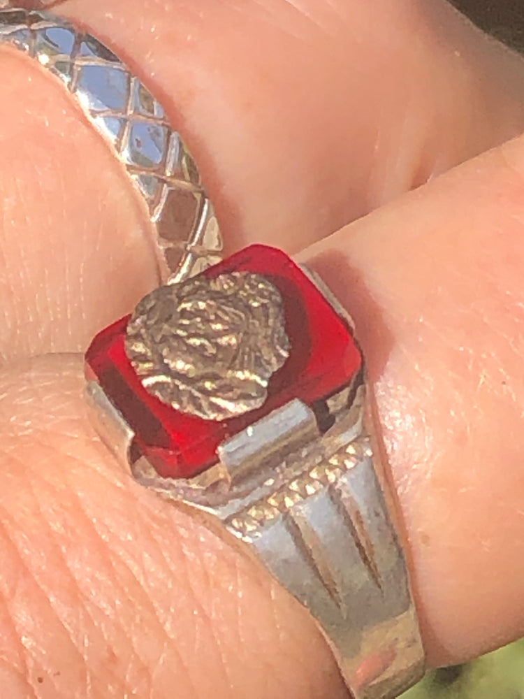 Vintage antique Mexican ring sterling silver biker Mexico City rare unusual eagle Aztec size 8 red stone or glass eagles nest