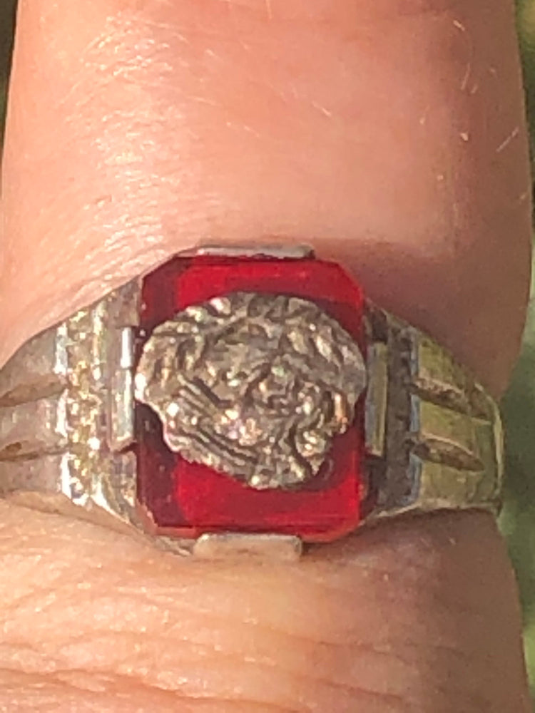 Vintage antique Mexican ring sterling silver biker Mexico City rare unusual eagle Aztec size 8 red stone or glass eagles nest