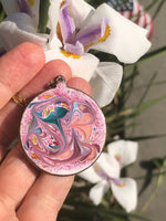 Vintage mid century modern swirls of  colorful enamel on copper pendant necklace pink green