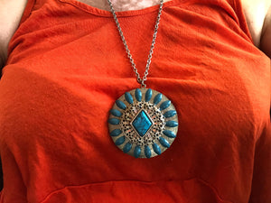 Vintage Faux  Turquoise Native American Southwestern Style Huge Pendant Chain Necklace Costume BoHo Silver tone