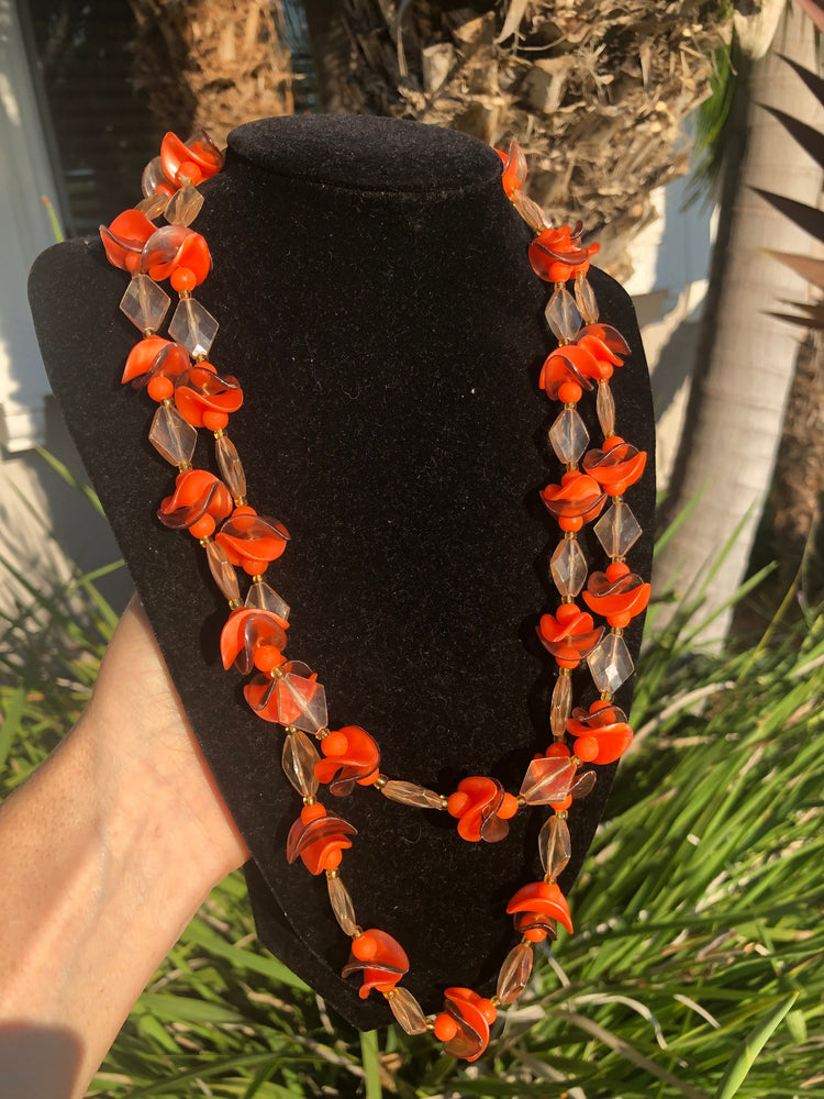 Vintage Plastic/ lucite? beaded necklace multi stranded orange faux shell West Germany Free shipping!