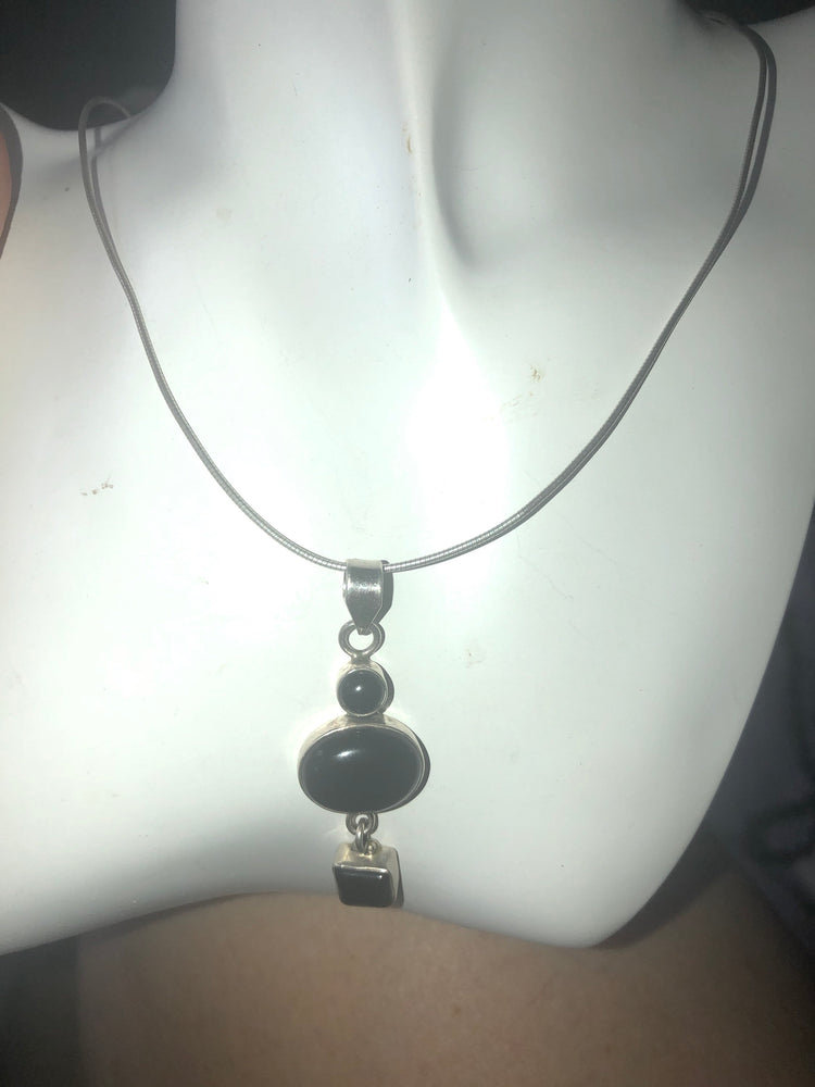 Vintage Black onyx long dangle pendant geometric sterling silver 925 chain necklace abstract