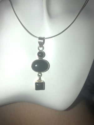 Vintage Black onyx long dangle pendant geometric sterling silver 925 chain necklace abstract