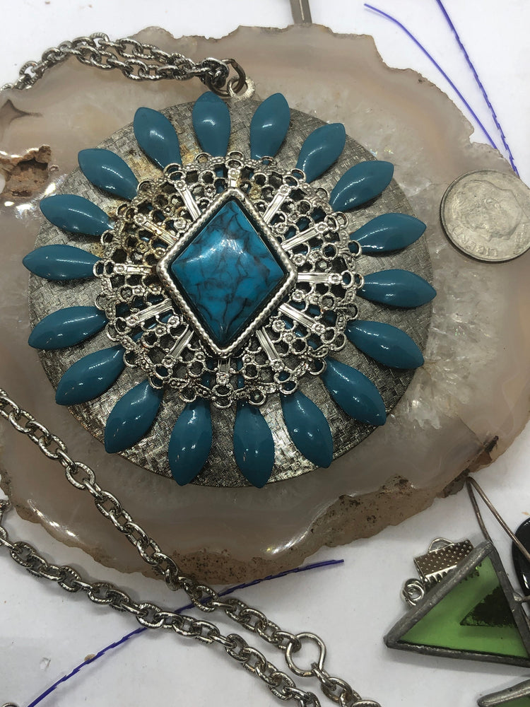 Vintage Faux  Turquoise Native American Southwestern Style Huge Pendant Chain Necklace Costume BoHo Silver tone