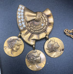 Gorgeous vintage antique brass Nautilis Ammonite  brooch rhinestones cameo medallions designer Ben Kirschenbaum Unusual