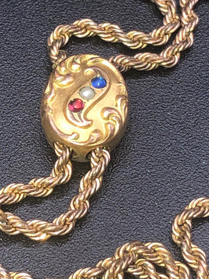 Victorian gold pocket watch necklace FOB slide pendant gemstones antique True beauty 49 inches long Seed pearl Foster and Bailey