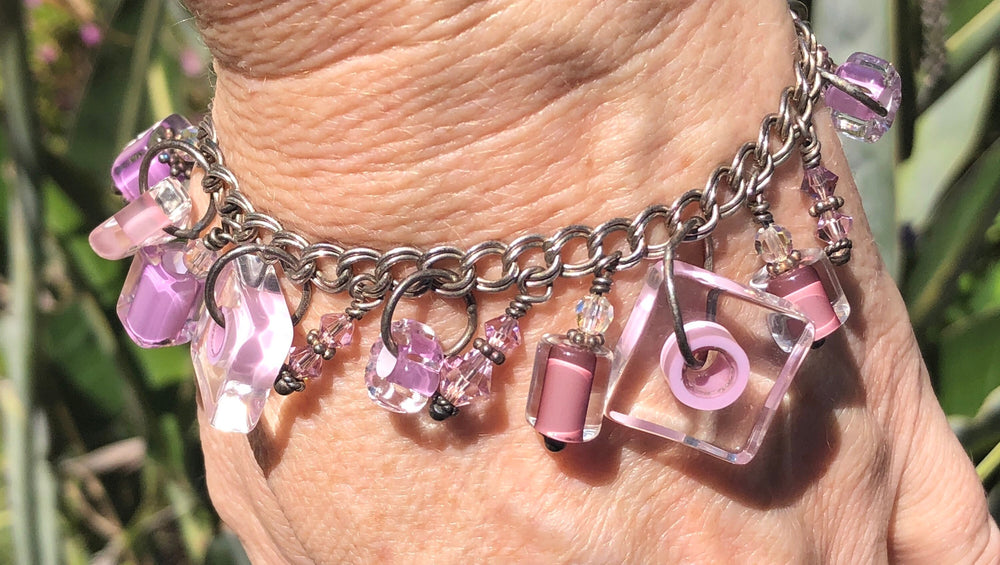 Vintage Murano glass Charms and beads geometric pink / purple bracelet and sterling silver chain  link Italian 925 Italy