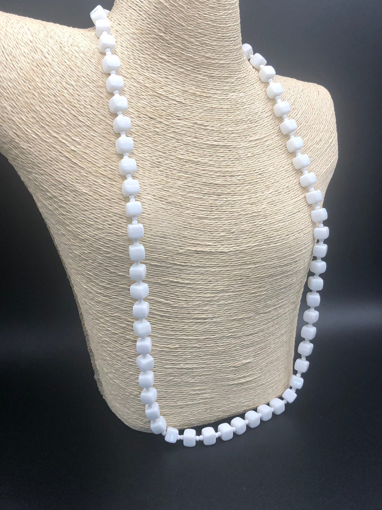 Vintage antique white milk glass beaded necklace square and round rare beautiful 31 Inches long Art Deco