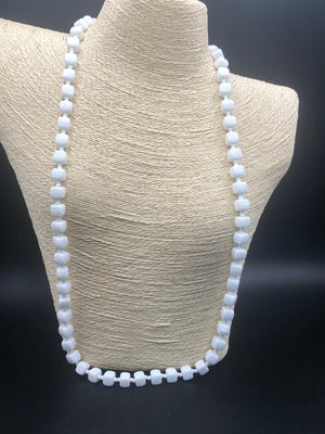 Vintage antique white milk glass beaded necklace square and round rare beautiful 31 Inches long Art Deco