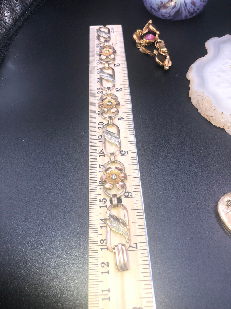 Antique vintage Van Dell Sterling silver and 12 kt gf gold floral link bracelet