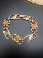 Antique vintage Van Dell Sterling silver and 12 kt gf gold floral link bracelet