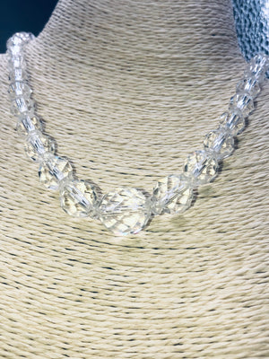 Antique art deco faceted crystal beaded necklace 18 KS with genuine diamond clasp 18k White gold vintage 14.5 In graduated beads Choker