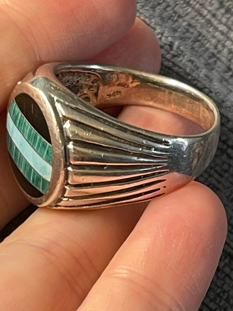 Big Vintage Southwestern Ring Inlaid Black Onyx Malachite Turquoise Gemstone Sterling Silver 925 Men's Ring Size 13