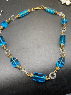 Antique rectangular blue glass beads Czechoslovakian beaded necklace Art Deco