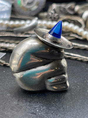 Antique Vintage Solid Sterling Silver Mexico - Mexican Siesta Sombrero Blue Gemstone or Glass Snuff bottle Jar