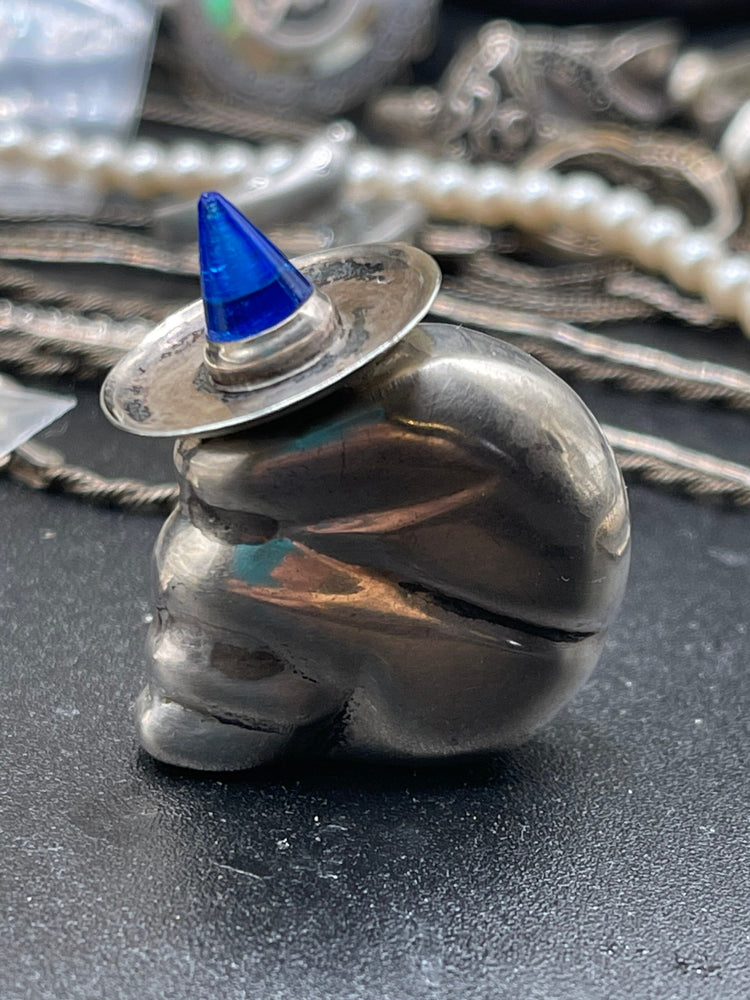Antique Vintage Solid Sterling Silver Mexico - Mexican Siesta Sombrero Blue Gemstone or Glass Snuff bottle Jar