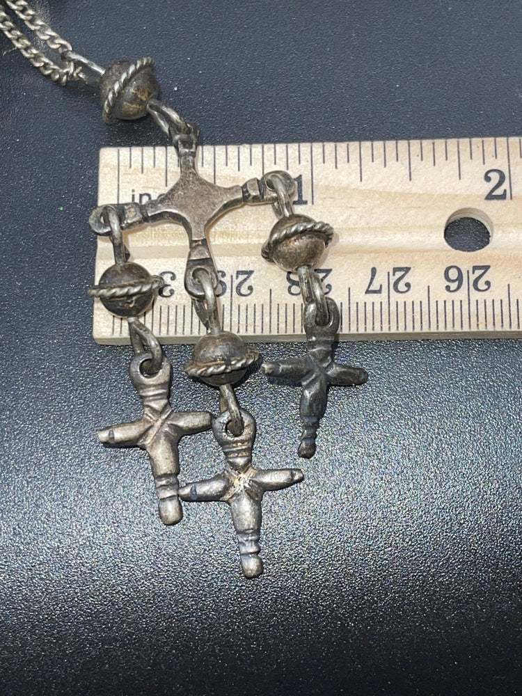 Antique Vintage big crucifix cross Taxco Mexico Yalalag Dangles tassels amazing rare Sterling silver 925 CEL Mexican Artisan chain necklace