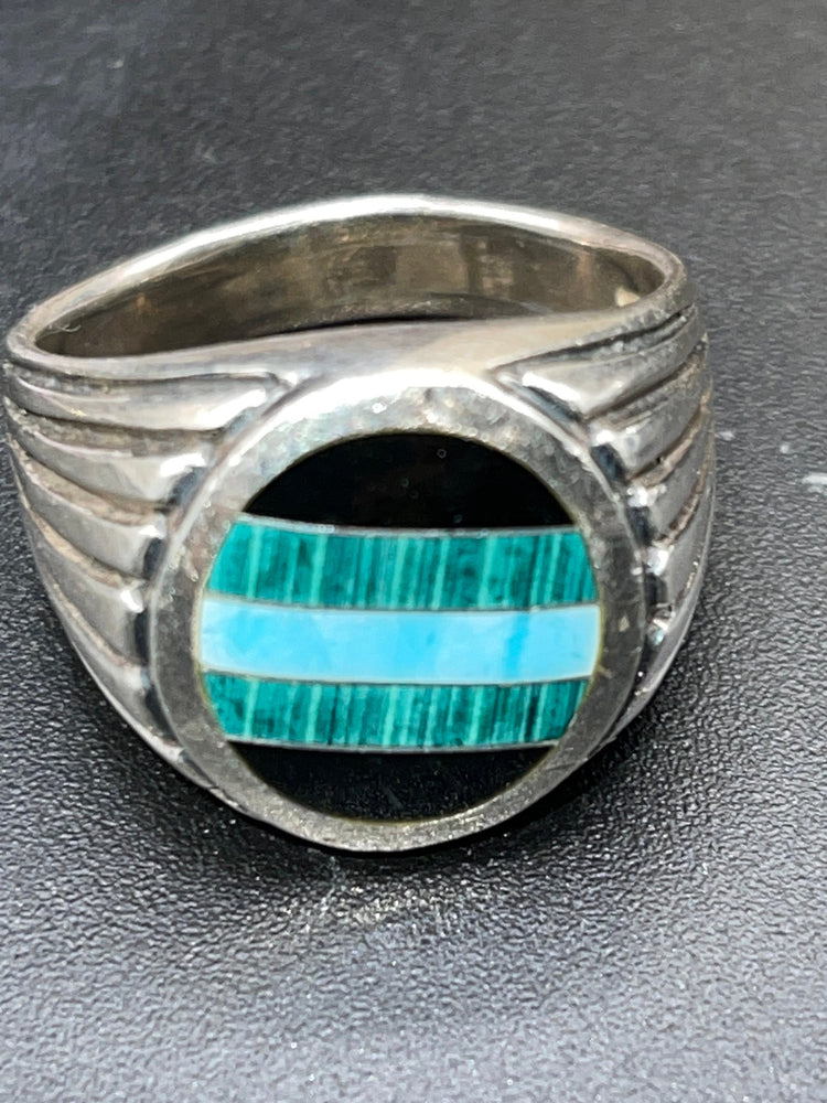 Big Vintage Southwestern Ring Inlaid Black Onyx Malachite Turquoise Gemstone Sterling Silver 925 Men's Ring Size 13