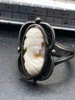Victorian Antique shell cameo carved sterling silver ring old size 6.5