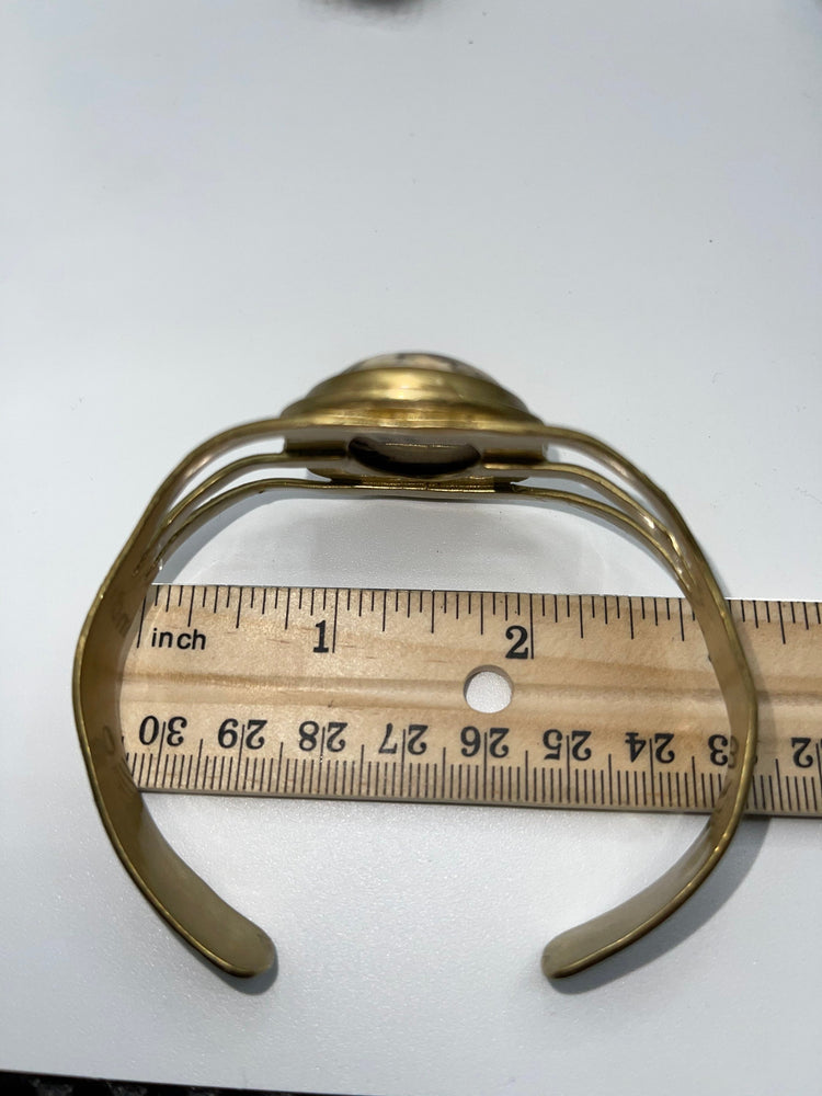 Vintage Southwestern / Native American Brass Cuff Bracelet - Large White Buffalo Cabochon Gemstone - Larger size men’s or women’s
