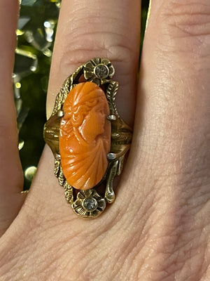 Victorian Antique Carved Coral Cameo Ring - Genuine Rose Cut Diamonds - 10kt karat Solid Yellow Gold size 5