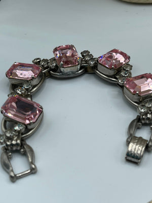 Antique Juliana Designer Pink and Clear Rhinestone Bracelet - Five piece link