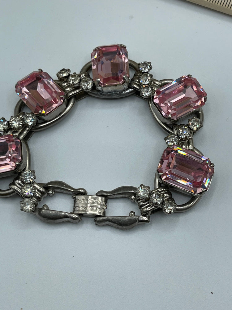 Antique Juliana Designer Pink and Clear Rhinestone Bracelet - Five piece link