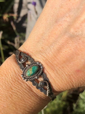 Vintage Fred Harvey era Sterling silver green turquoise bracelet Native American Indian Southwestern Bell trading Post