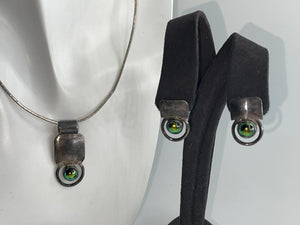 Vintage Mid Century Modern Necklace Pendant & Earring Set - Green Glass and Sterling Silver 925