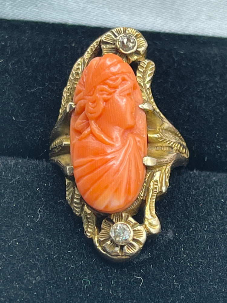 Victorian Antique Carved Coral Cameo Ring - Genuine Rose Cut Diamonds - 10kt karat Solid Yellow Gold size 5