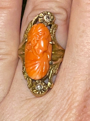 Victorian Antique Carved Coral Cameo Ring - Genuine Rose Cut Diamonds - 10kt karat Solid Yellow Gold size 5