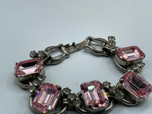 Antique Juliana Designer Pink and Clear Rhinestone Bracelet - Five piece link