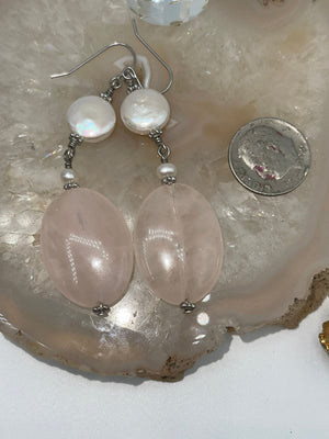 Vintage Rose Quartz Crystal & Pearl Earrings Sterling Silver 925 Long Dangles