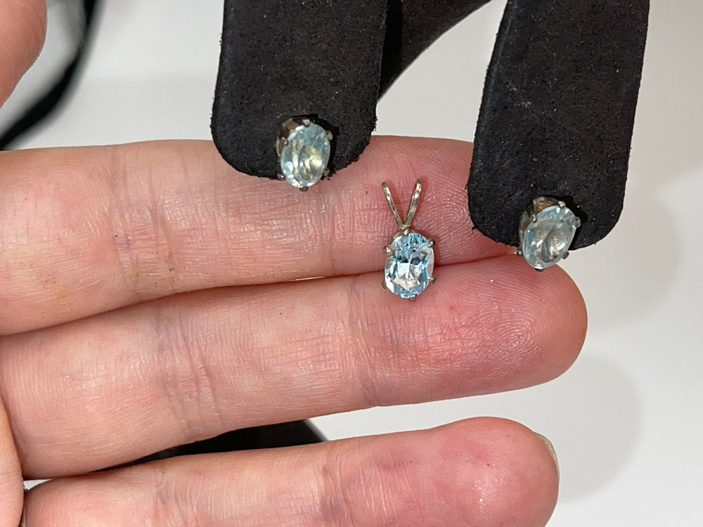 Vintage blue topaz gemstone earrings and pendant 4 necklace Sterling silver set