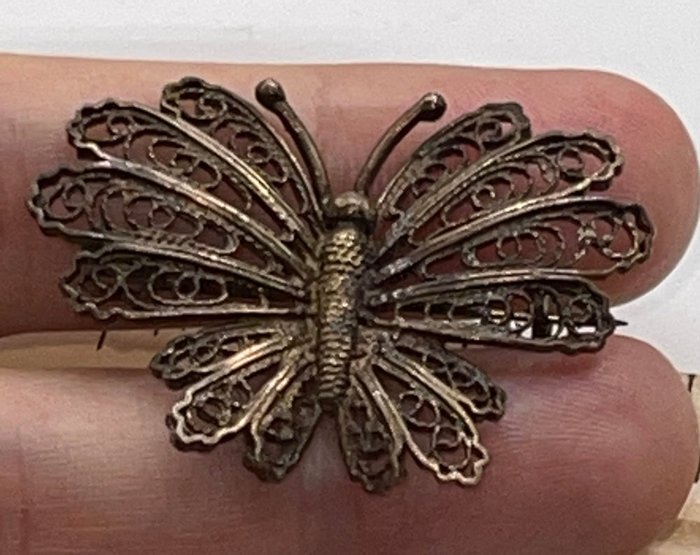 Victorian Edwardian Filigree Silver Butterfly Bug  Brooch Ornate 800 Silver