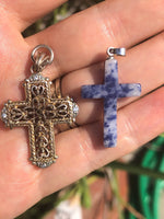 Vintage Lot of 2 crosses crucifixes pendants for necklace sterling silver Gold Vermeil cz 925 sodalite gemstone Free shipping