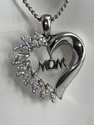 Sterling Silver Heart Pendant Necklace - Cubic Zirconia CZ - MOM