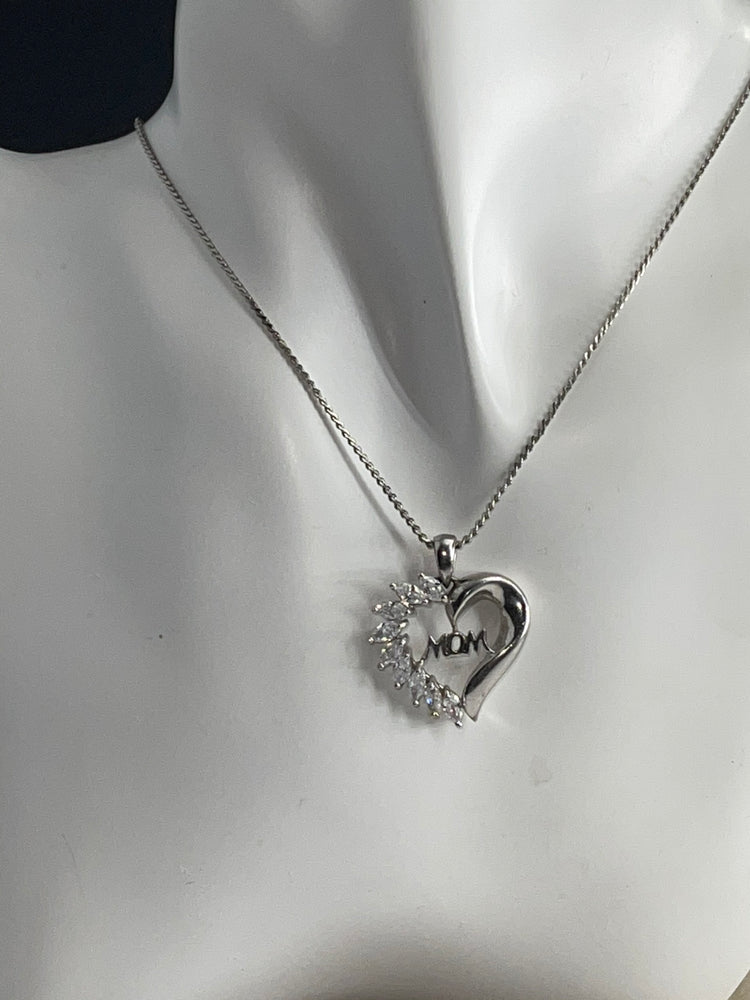 Sterling Silver Heart Pendant Necklace - Cubic Zirconia CZ - MOM