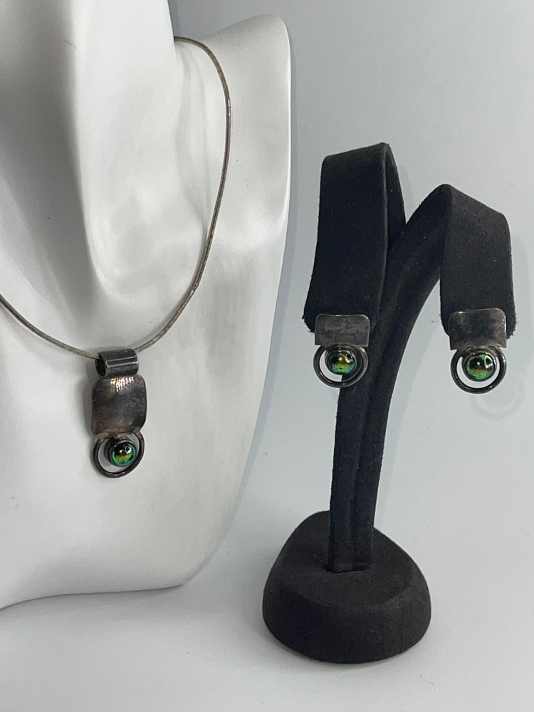 Vintage Mid Century Modern Necklace Pendant & Earring Set - Green Glass and Sterling Silver 925