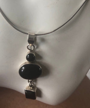 Vintage Black onyx long dangle pendant geometric sterling silver 925 chain necklace abstract