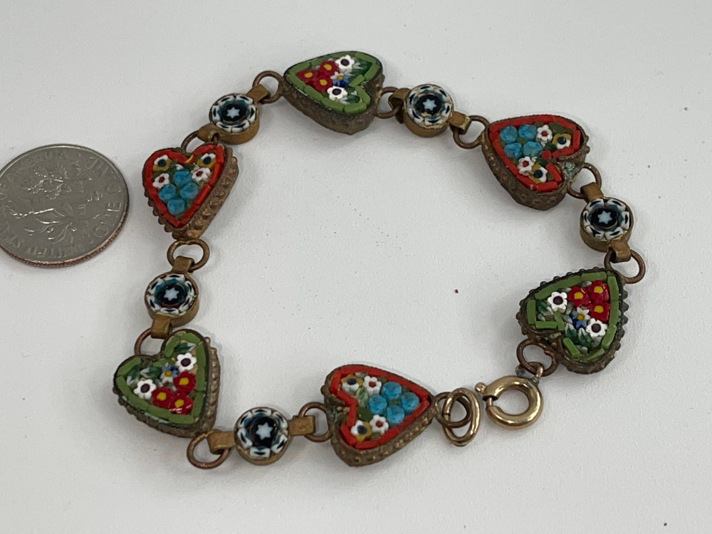 Antique Italian Venetian Glass Millefiori Bracelet Floral Hearts Tiled Mosaic 12kt GF Clasp