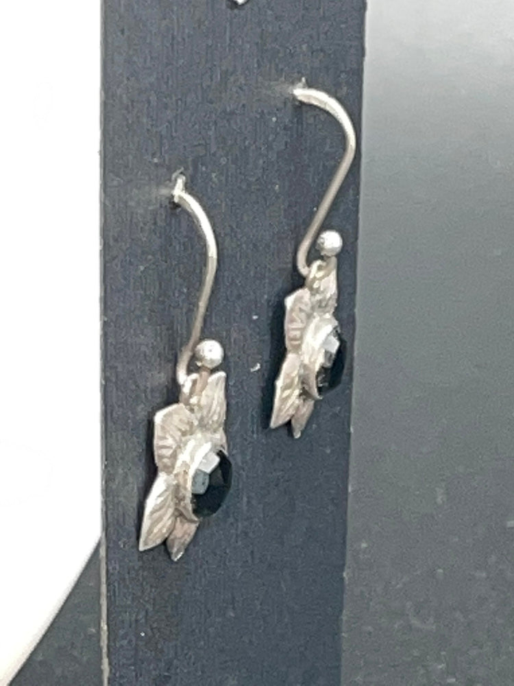 Vintage Black Onyx Sterling Silver 925 Dangle Flower Earrings
