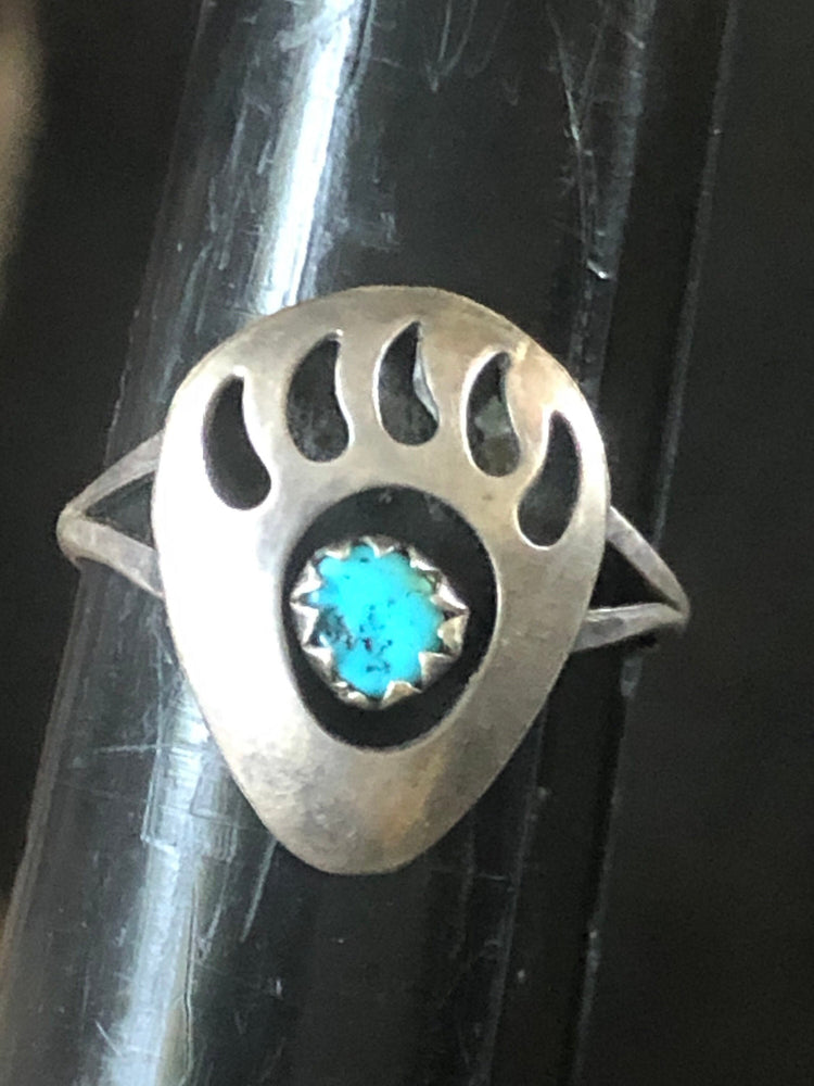 Vintage Native American Indian Turquoise Sterling Silver Ring Bear Paw Size 7.25
