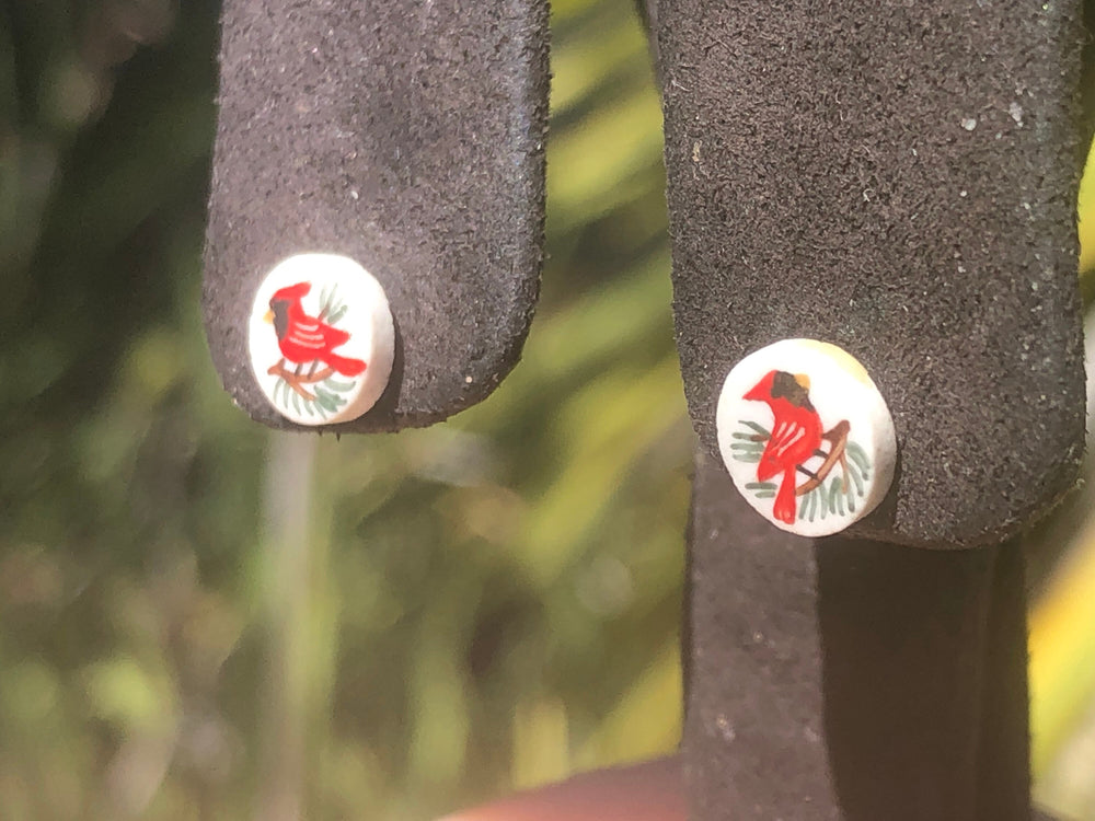 Adorable Vintage Ceramic Cardinal Earrings - Red Bird Stud Earrings