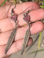 Vintage Native American feather pink feldspar? Crystal earrings sterling silver